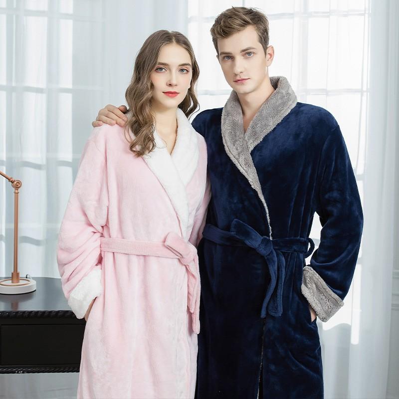 Flannel Nightgown Women Men's Winter Plus Size Bathrobe Thicken Warm Couples Lovers Long Sleepwear Robe with Belt
