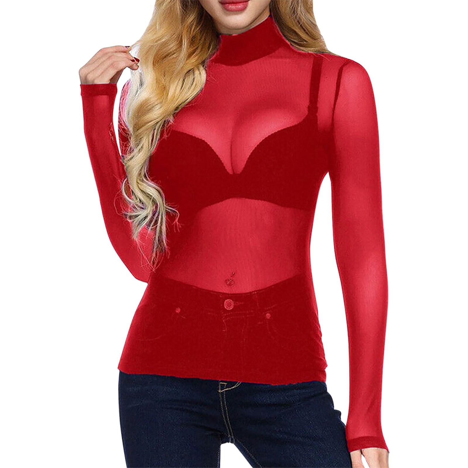 

Женская летняя сексуальная ультратонкая сетчатая эластичная обтягивающая рубашка с длинными рукавами и полувысоким воротником XXL красный