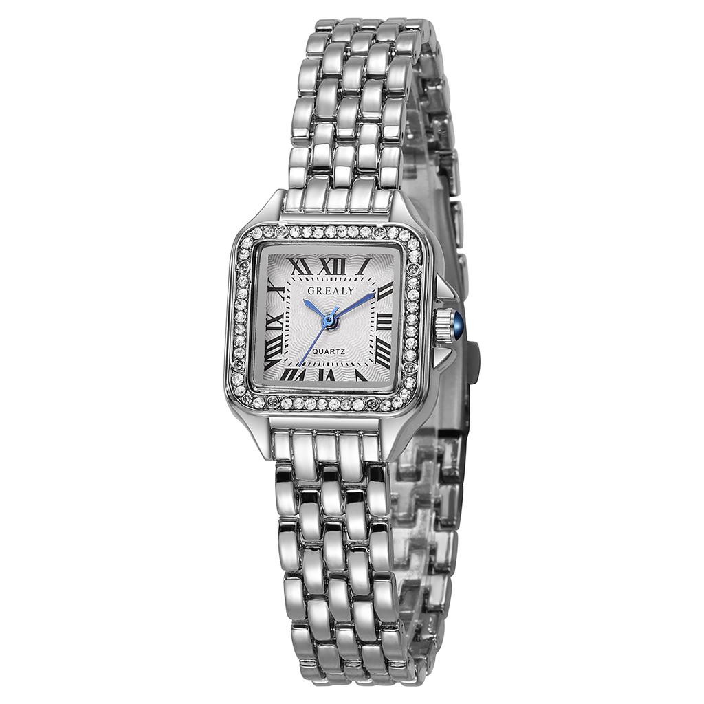 Ladies Exquisite Fashion High Appearance Level Roman Numerals Dial Square Dial Steel Band Quartz Watch.
