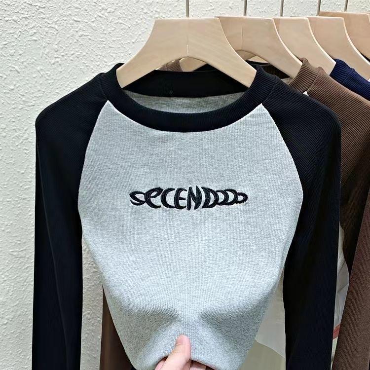 

Футболка с буквенным принтом, женские весенние лоскутные топы с длинными рукавами, укороченный топ контрастного цвета в стиле ретро, ​​обтягивающий топ для девочек Y2K XXL