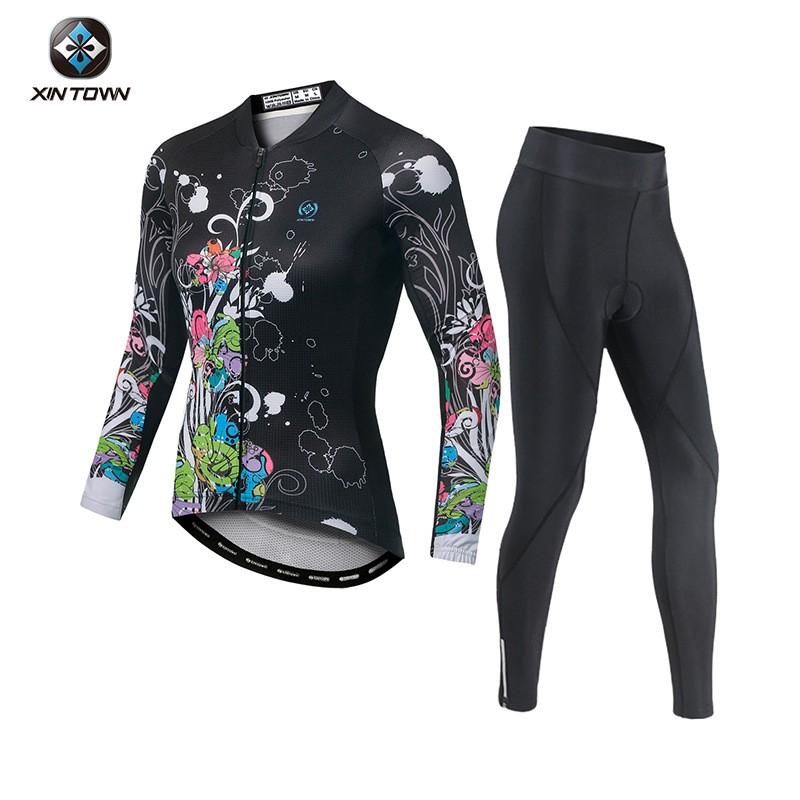 Womens Cycling Jersey Set Long Sleeve Bicycle Clothing Road Riding