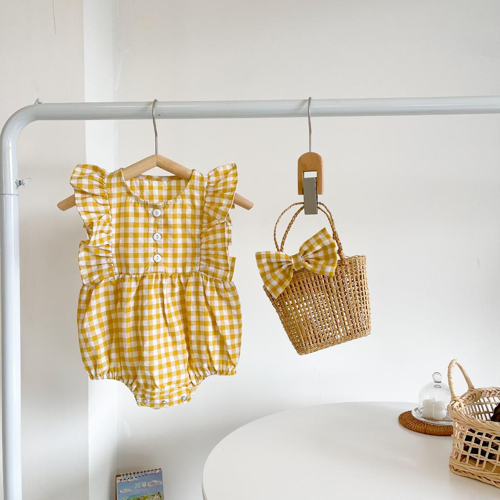 Summer Baby Girl Cotton Sleeveless Block Plaid Romper