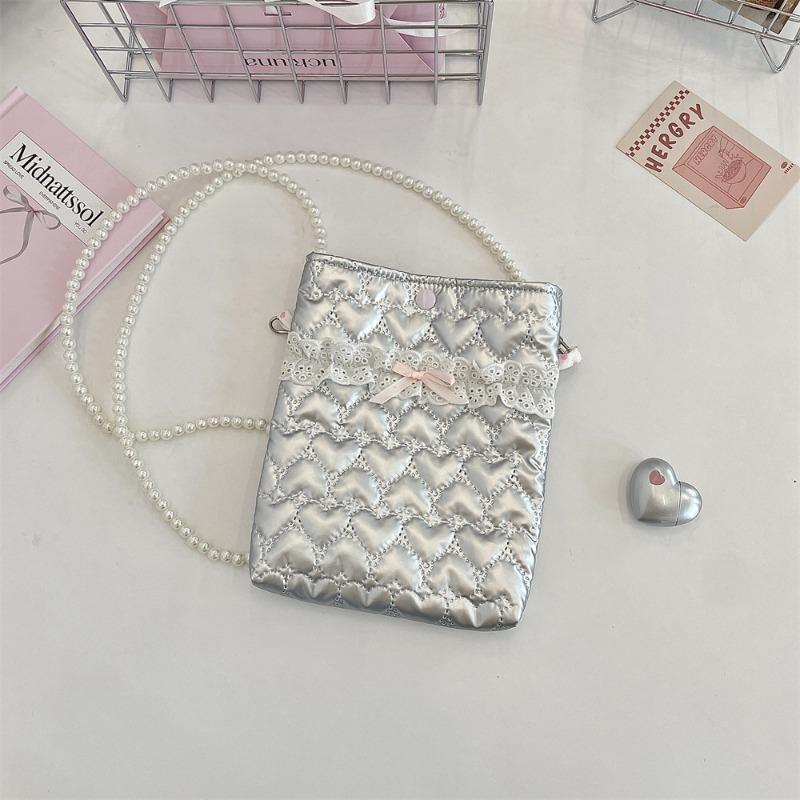 Pu Bow Padded Cotton Messenger Small Bag Mobile Phone Bag Pearl Chain Bag Portable Mini Cosmetic Bag