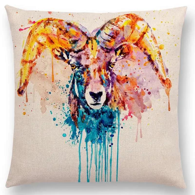 Watercolor Animals Cushion Cover Portrait Head Bighorn Lion Leopard Tiger Bear Eagle Horse Dogs  Home Sofa Throw Pillow Case