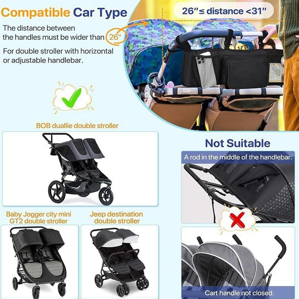 Stroller Organizer Bag Large Waterproof Storage with 3 Compartments Cup Holder for Travel Daily Use Mom Diaper Bag Accessories