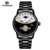 Forsining Automatic Watch Men's Blue Moon Phase Tourbillon Mechanical Watches Black Steel Band Waterproof Clock