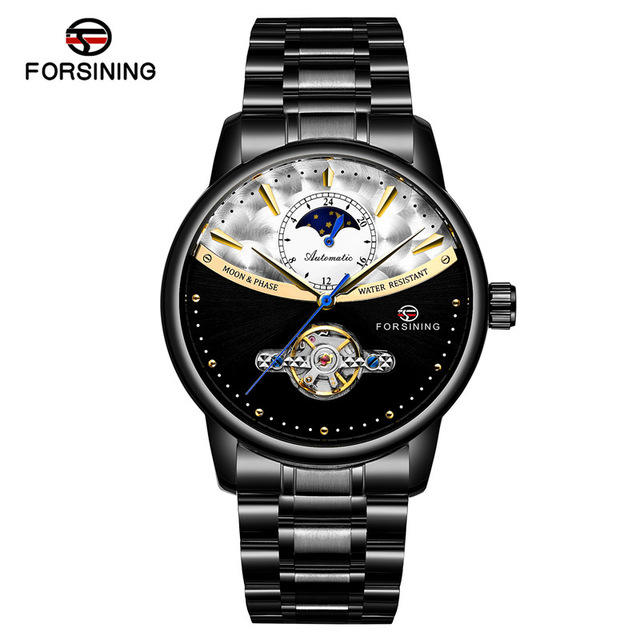 Forsining Automatic Watch Men's Blue Moon Phase Tourbillon Mechanical Watches Black Steel Band Waterproof Clock