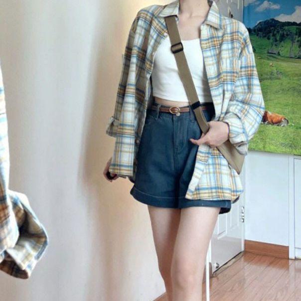 Women's Retro Plaid Long Sleeve Shirt Jacket - French Linen Cotton for Spring and Autumn