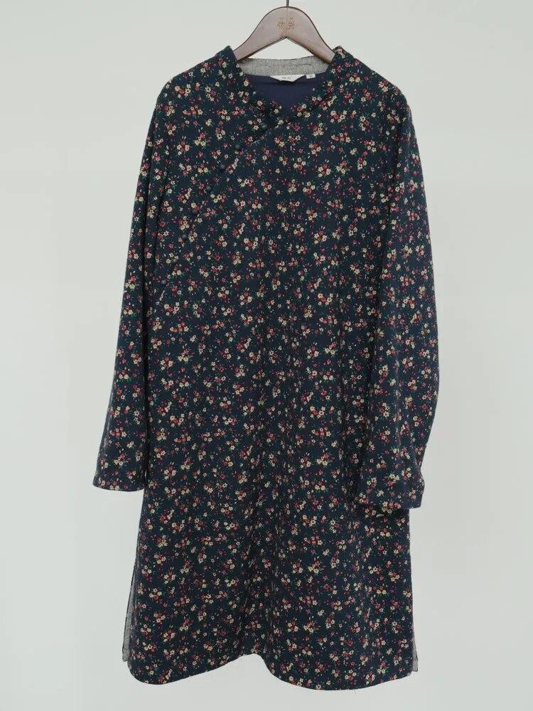 

Johnature женское платье в китайском стиле с длинным рукавом и цветочным принтом, осенние хлопковые женские платья трапециевидной формы L тёмно-синий