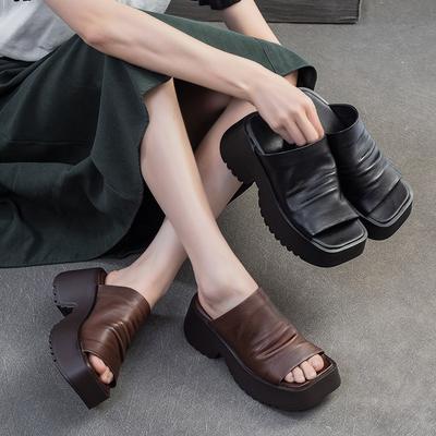 Retro Peep Toe Outdoor Platform Slippers Genuine Leather Comfortable Height Increasing Women's Shoes