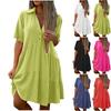 Womens Cotton Linen Dresses Summer Casual V Neck Button Down Short Sleeve Tiered Dress Lightweight Loose Fit