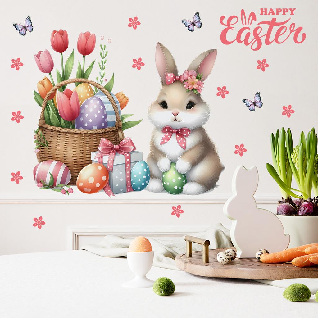 Easter Bunny Flowered Easter Egg Wall Stickers for Bedroom and Living Room Decoration and Beautification Wall Stickers