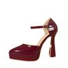Thick Heel Pointed Burgundy Large Size Super High Heel Simple Waterproof Table Patent Leather Women's Shoes Single Shoes 43