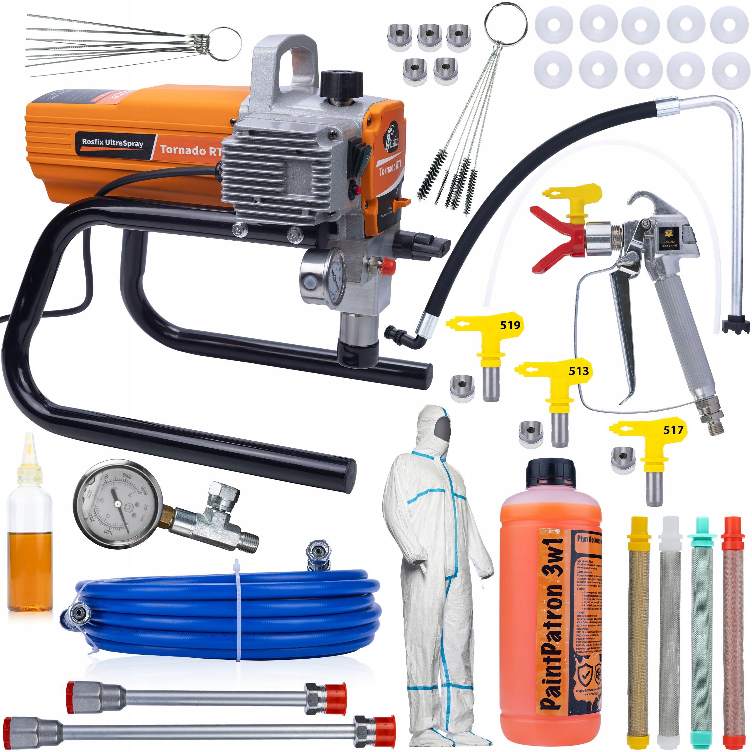 

Rosfix Mega Zestaw Agregat Malarski Tornado RT1 UltraSpray 1800W 22MPA 2,2L/min – Wydajność i Akcesoria | Profesjonalne Malowanie | Wąż TPU 8m