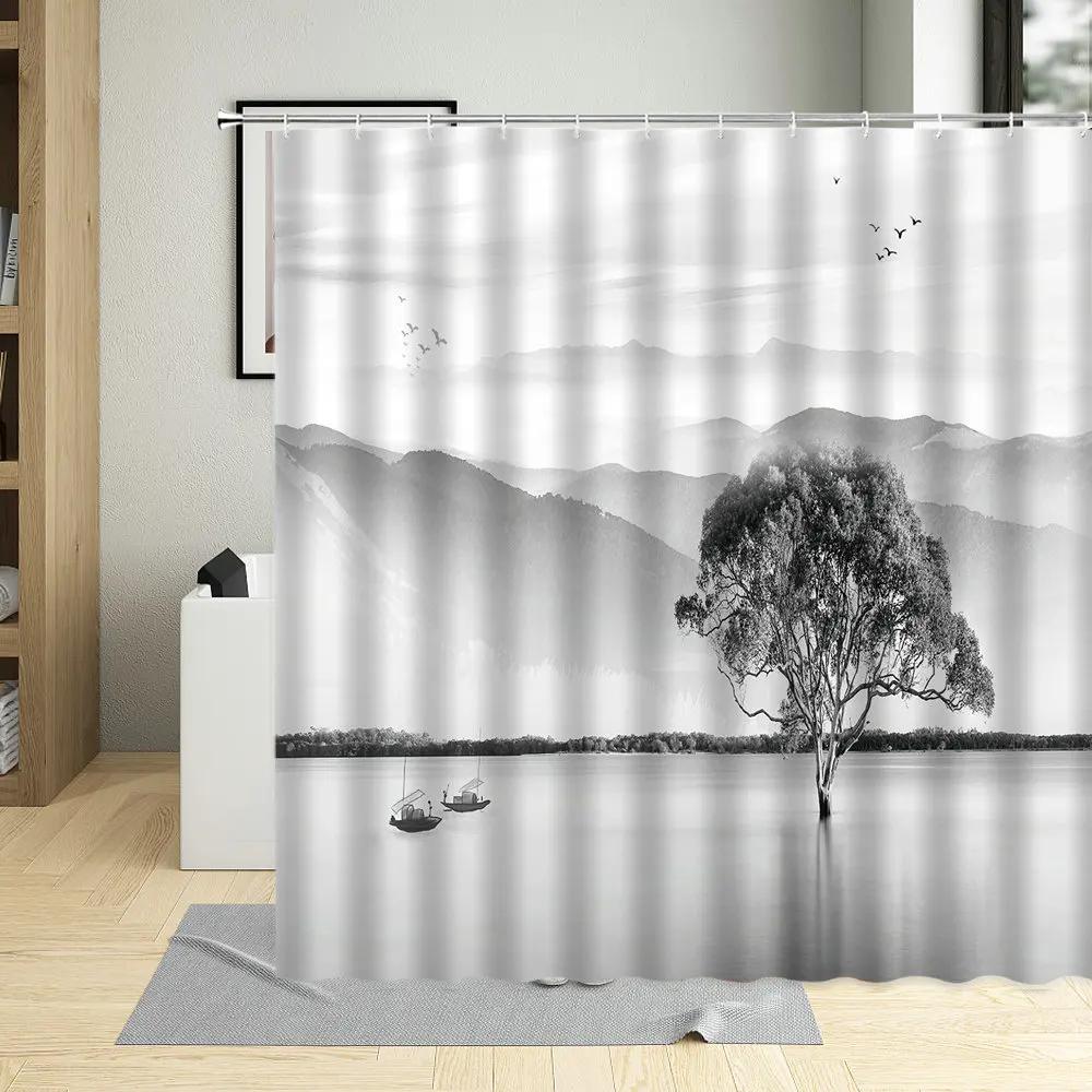 Chinese Style Shower Curtain Ink Painting Mountain Bird Flower Plant Bamboo Scenery Bathroom Hanging Curtain Set Polyester Cloth