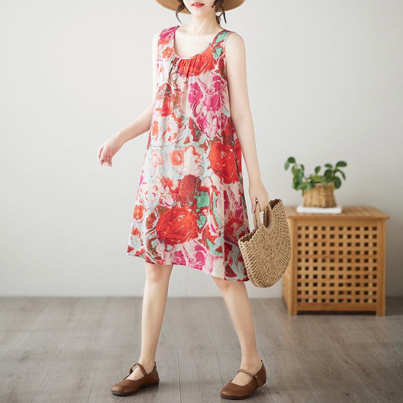 Real Shot Summer New Large Size Loose Suspender A-word Skirt Sleeveless Round Neck Cotton and Linen Printed Dress Women's Clothing
