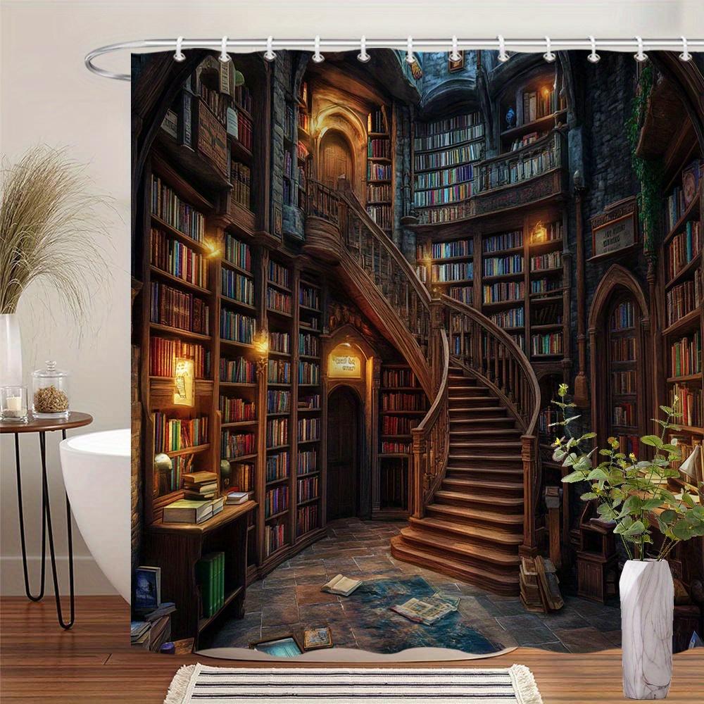 

Medieval-Inspired Library Shower Curtain, Wooden Bookshelves & Carvings, Warm Lighting, Polyester, 12 Hooks, Machine Washable W90xH180cm