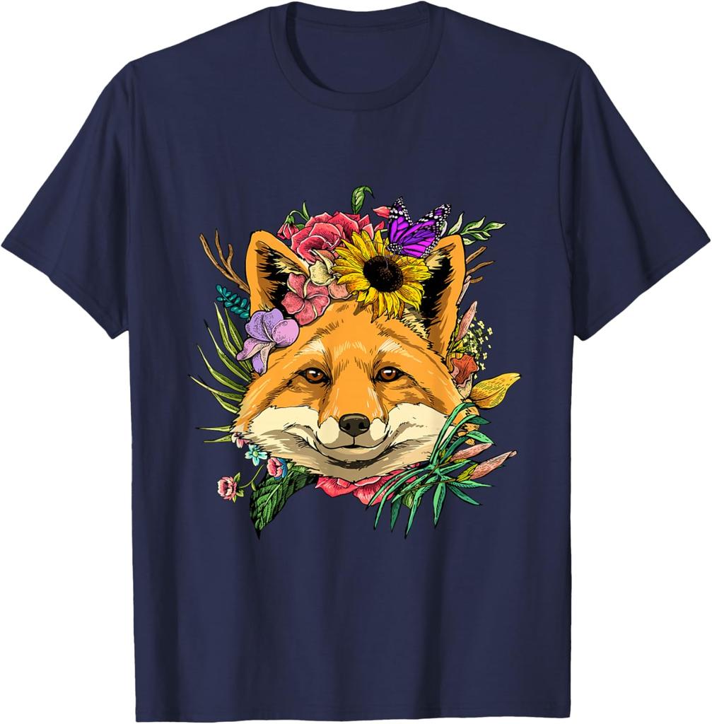 Floraler Fuchs Kopf Cottagecore Ästhetik T-Shirt Niedliches Tierliebhaber Grafik T-Shirt Frühling Herbst