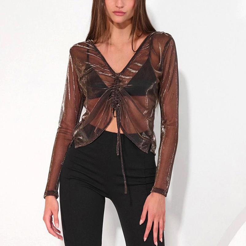 

Y2K Топы Прозрачные сетчатые женские сексуальные укороченные топы Повседневные прозрачные летние футболки с V-образным вырезом для вечеринок и клубов Уличная одежда