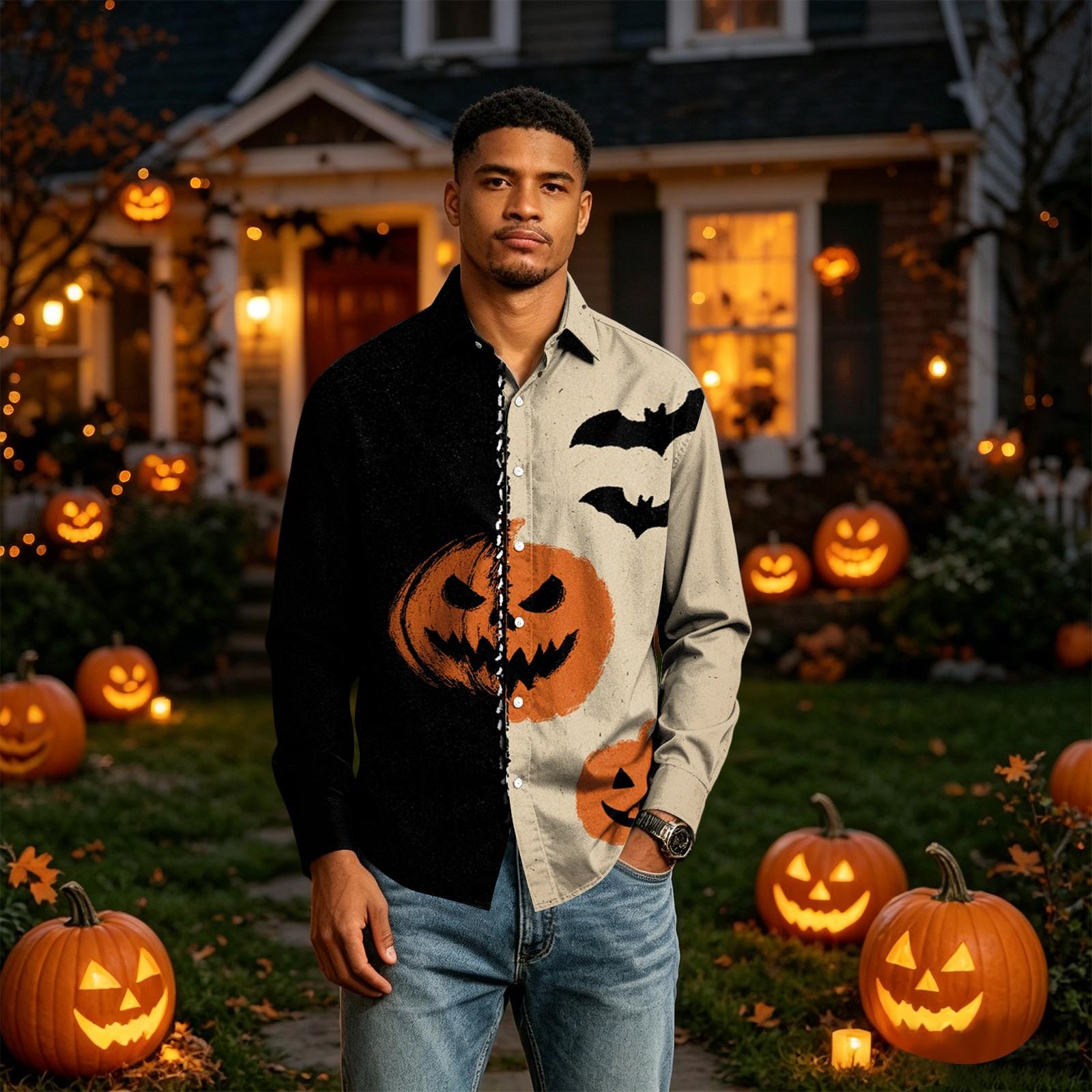 Men s Long Sleeve Button Down Halloween Print Shirt L