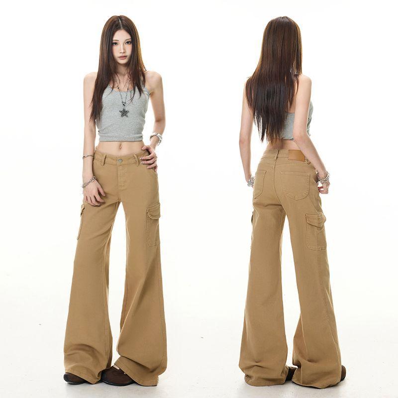 Spring Summer Classic Khaki Big Pocket Low Waist Cotton Stretch Casual Cargo Denim Pants For Ladies Casual Pants Oversize Denim Trousers