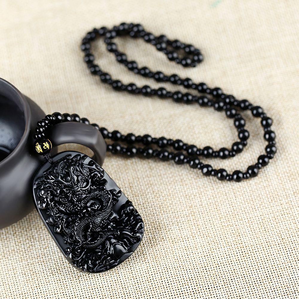 Gift for Men Fashion Women Black Rope Stone Dragon Totem Pendent Necklace Natural Obsidian Carved