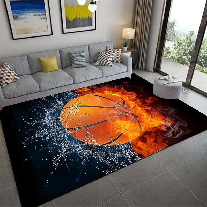 Sports Passion Rugs Football Basketball Flames Splash Effects with Gray Sofa Colorful Pillows Modern Living Room Decor