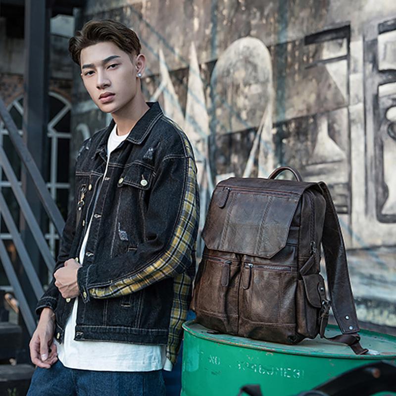 Handmade Cowhide Korean Backpack Men's Casual Trend School Bag College Style Personalized Leather Men's Bag