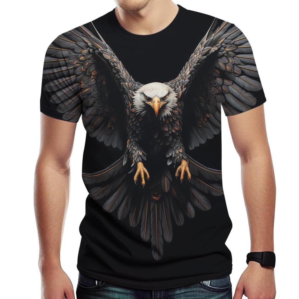 Summer Round Neck 3D Eagle Print T-shirts Fashionable Casual Short Sleeved Men's T-shirts