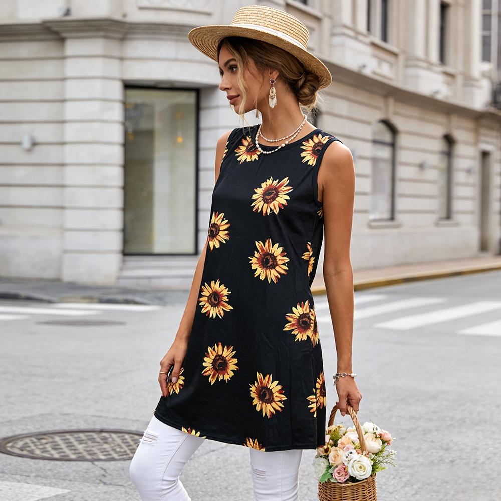 Boho Sunflower Print Loose Dress Fashion Casual Sleeveless Midi Dress S