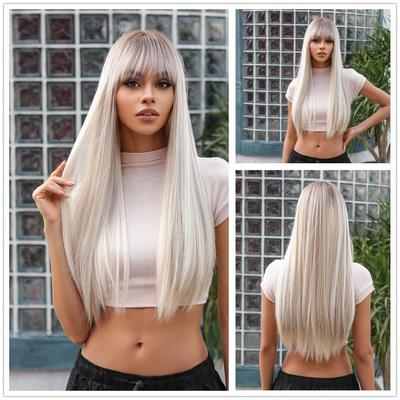 Blonde Ombre Synthetic Wigs with Bangs Long Straight Natural Hair Wigs for Women Daily Cosplay Wig Heat Resistant Fiber