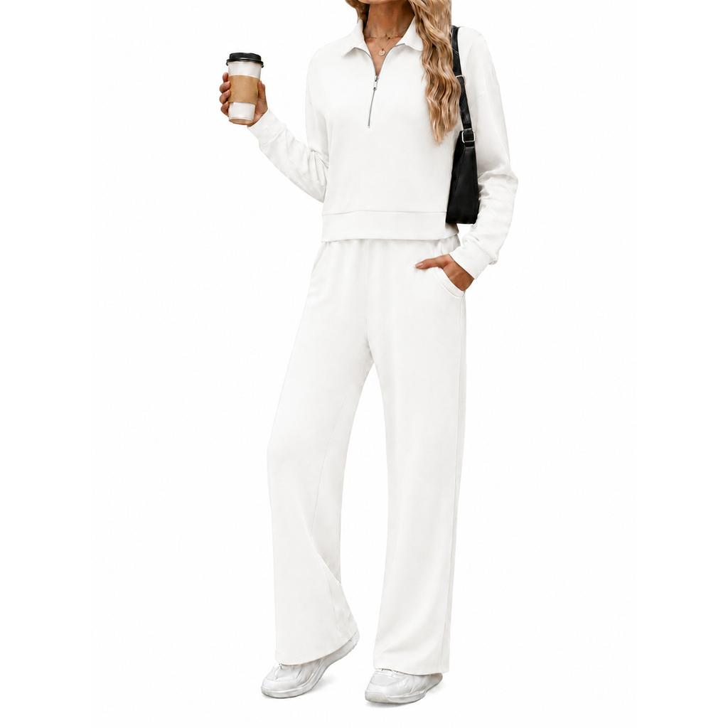 Women's Casual Half Zip Hoodie with Collar and Wide Leg Pants Set