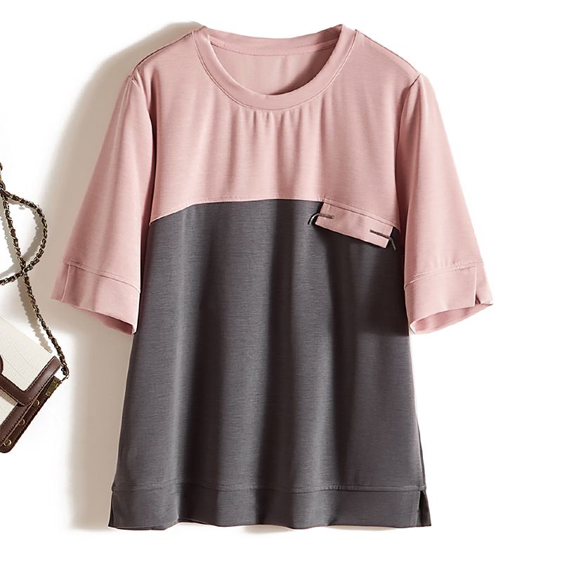 

Accessible Luxury Pin Model Tops! Elegant Women s Short Sleeve Color Matching Beaded Cotton Breathable Sweat Absorbing T-shirt Width Loose Summer Color matching L