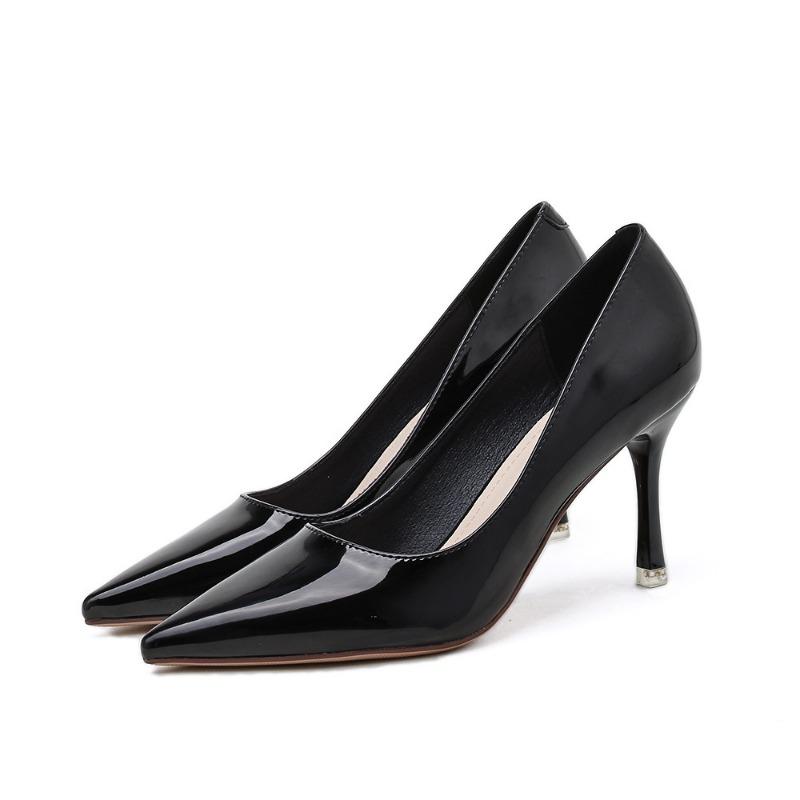 20 shallow patent leather thin heel black high heels single shoes women's shoes pointed solid color design versatile