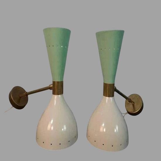 

Пара итальянских настенных бра «Диаболо» 1950-х годов, современные латунные двухламповые светильники в стиле середины века