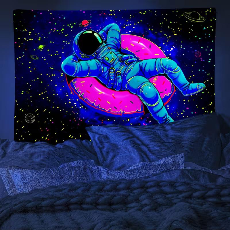 Tapisserie Astronaute Galaxie Trippy 2D, Tapisserie Fluorescente UV pour Chambre d'Étudiant