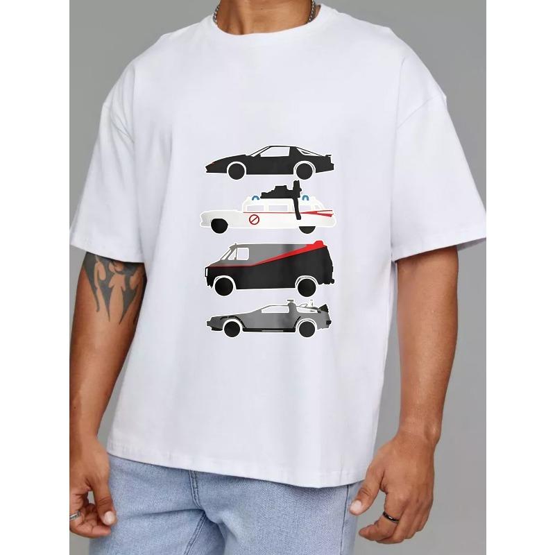 Crew Neck T Shirt White Classic Car Collection Graphic Print for Casual Wear