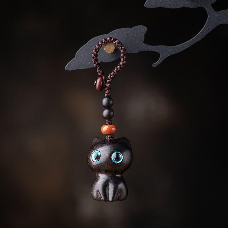 Purple Ebony Cute Wealth Attracting Cat Car Keychain Pendant Antique Style Pendant Mobile Phone Handmade High-end Hanging Accessory