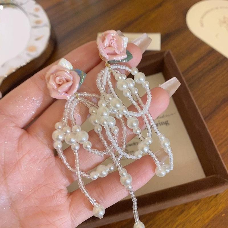 Ins Wind Exquisite Long Drop Earrings Sweet Rose Flower Bead Tassel Minimalist All-Match Light Luxury Ladies Daily Ear Ornaments