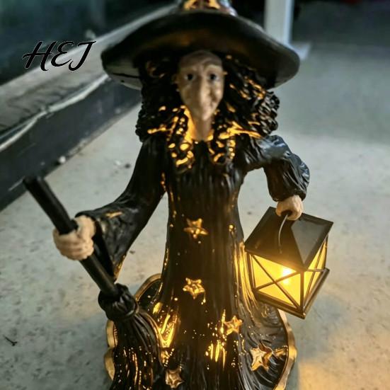 Witch Decoration Lamp 2Pcs Halloween Night Lamp, Holding Lantern Figurine with Glowing LED, Resin Statue for Tabletop Decor