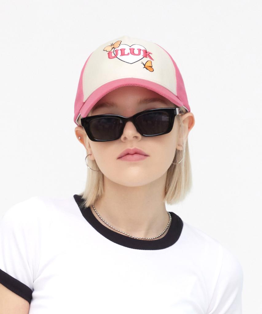 ULUK Heart Font Volume Embroidery Color Block Ball Cap_Pink