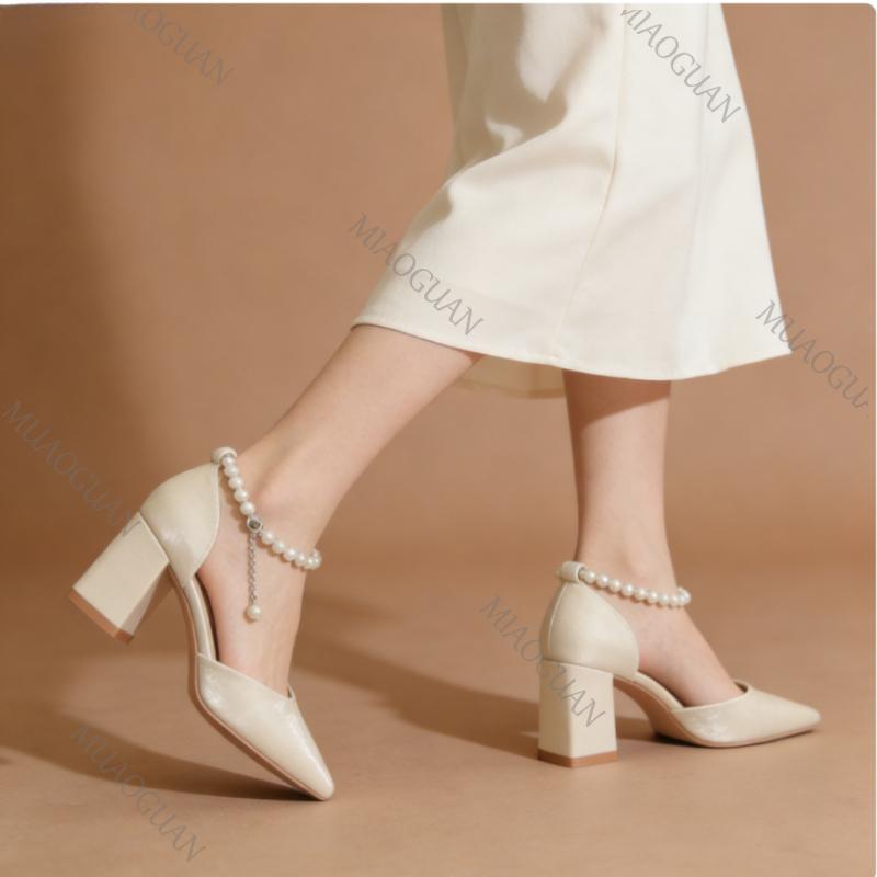 2026 New Elegant Pearl-Embellished Pumps Fashion Heels Chunky Bridal Shoes with Adjustable Ankle chain Female Footwears