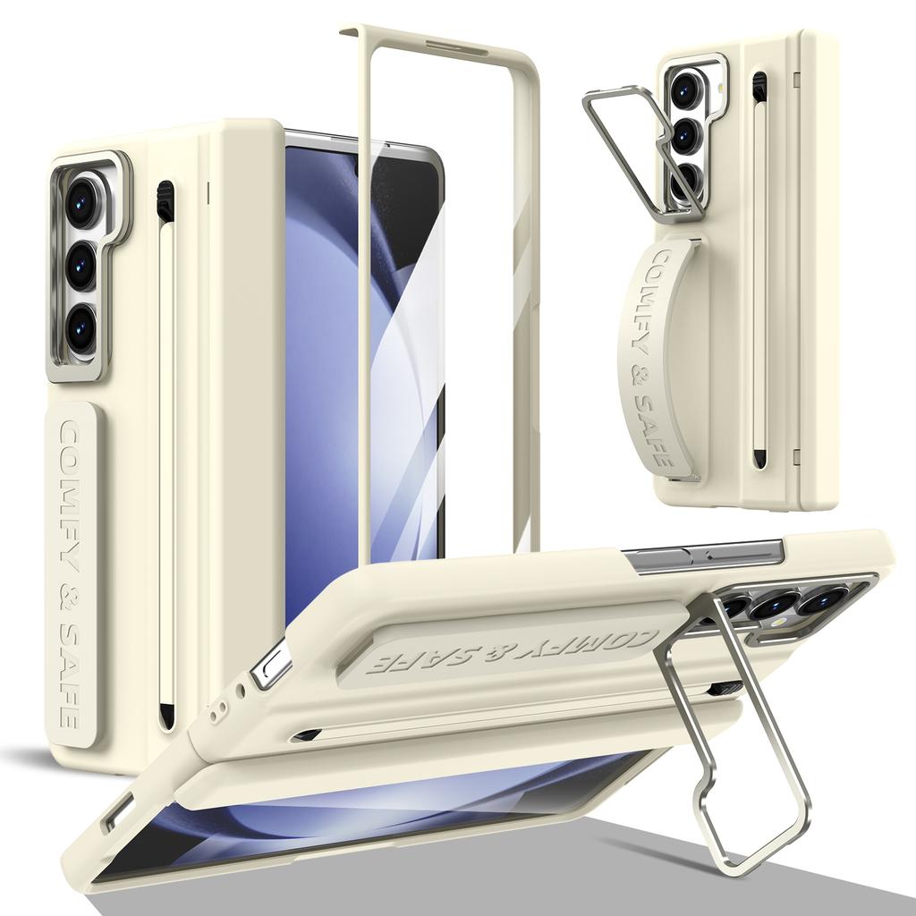 Folding Case with Stylus for Samsung Z Fold 4 5 6 7 Aluminum Alloy Lens Frame Holder Silicone Built-in Strap Glass Screen Film