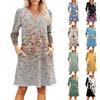 Women's Fashion V-neck Casual Beach Dress Three-quarter Sleeves Floral Print Dress