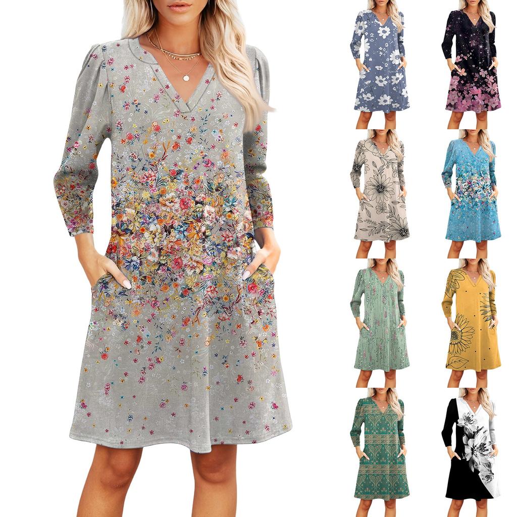 Women's Fashion V-neck Casual Beach Dress Three-quarter Sleeves Floral Print Dress