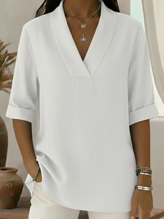 2026 Cross-border European and American solid-color casual tops wholesale, loose retro and comfortable V-neck medium-sleeved pullover shirts wholesale S белый