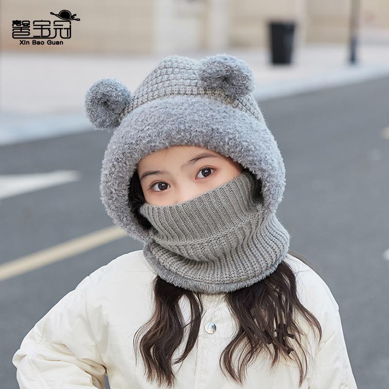 Children's hat winter outdoor velvet warm knitted wool hat cartoon cute bear mask scarf integrated hat