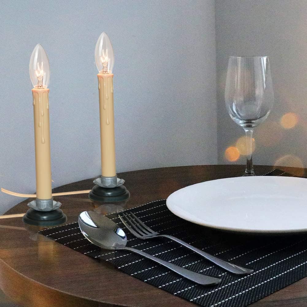 SUNSGNE Set of 4 Electric Window Candles, 7 Inch Plug in Window Candle Lamps with 7 Watt C26 Bulbs, Electric Candles with Black Wood Plum Iron Base,