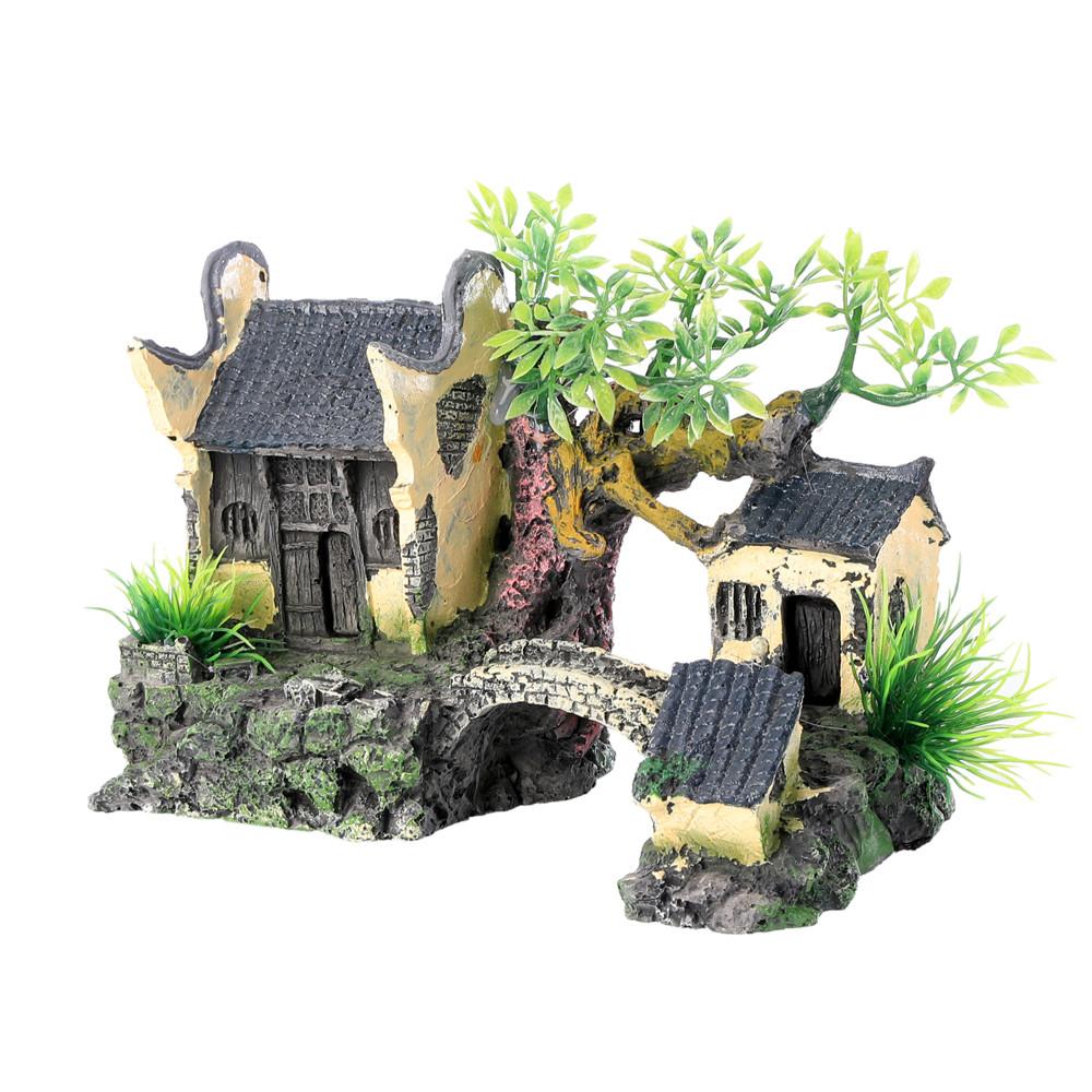 Fish tank landscaping resin desktop ornament rockery aquarium decorative stone house small bridge aquatic grass new Chineseretro