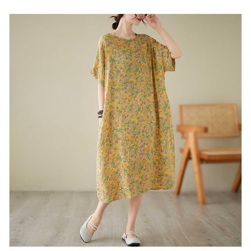 Summer New Yellow Floral Loose Thin Mid-length Temperament Dress Women